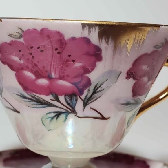 Pink Flowers Teacup and Saucer Opalescent Vintage - Picture 2 of 8